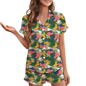 Military Girly Shirt, Camo Bow Army Pajamas Set Short, Patriotic Veteran Graphic T-Shirt, Support Our Troops Shirt, Army Mom Gift, USA Pride Tee