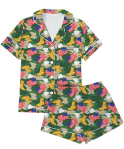 Alternative view of Military Girly Shirt, Camo Bow Army Pajamas Set Short, Patriotic Veteran Graphic T-Shirt, Support Our Troops Shirt, Army Mom Gift, USA Pride Tee