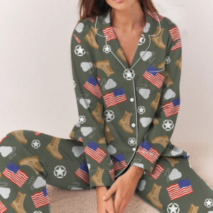 Army Star Vintage Military Pajamas Set Long, Army Aesthetic Graphic Tee Gift for Soldier Patriotic Shirt Veterans Day Gift Tee