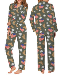 Alternative view of Army Star Vintage Military Pajamas Set Long, Army Aesthetic Graphic Tee Gift for Soldier Patriotic Shirt Veterans Day Gift Tee