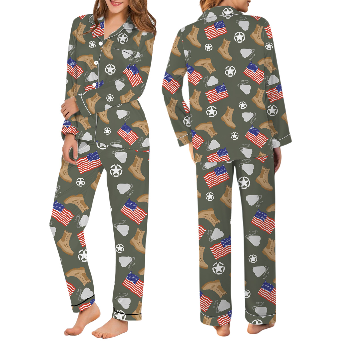 Army Star Vintage Military Pajamas Set Long, Army Aesthetic Graphic Tee Gift for Soldier Patriotic Shirt Veterans Day Gift Tee - Image 2