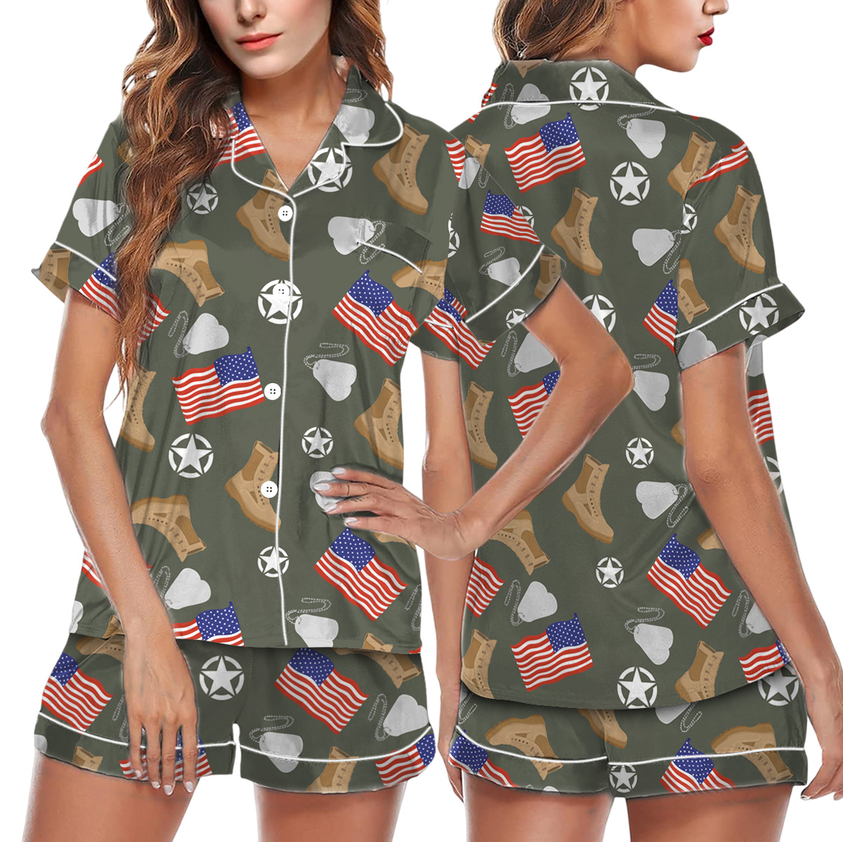 Army Star Vintage Military Pajamas Set Short, Army Aesthetic Graphic Tee Gift for Soldier Patriotic Shirt Veterans Day Gift Tee - Image 2