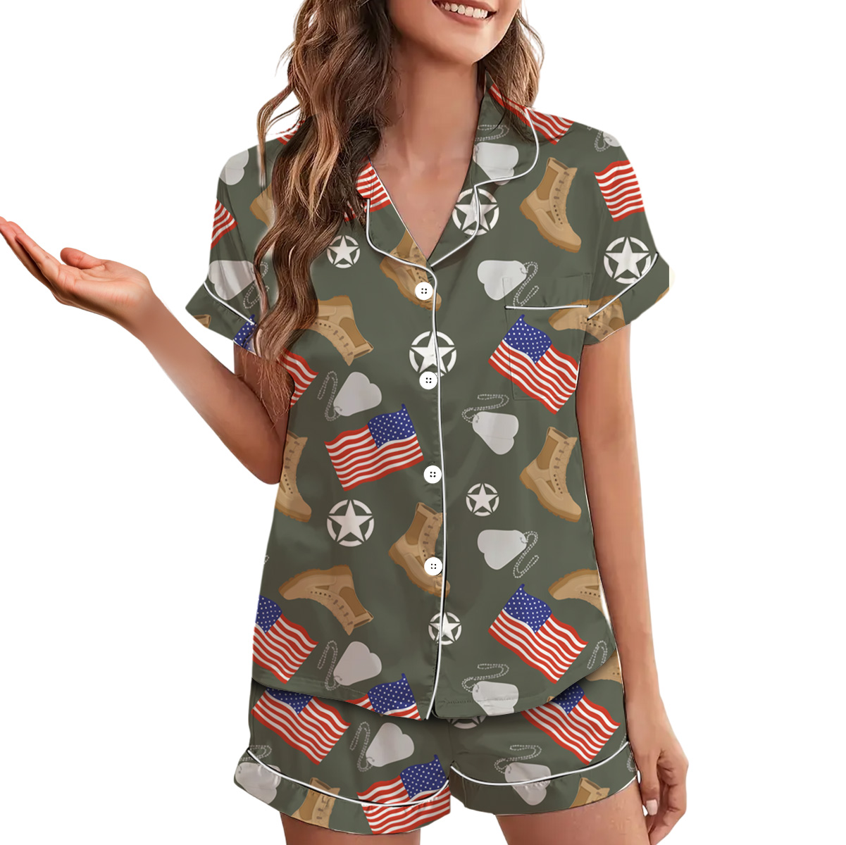 Army Star Vintage Military Pajamas Set Short, Army Aesthetic Graphic Tee Gift for Soldier Patriotic Shirt Veterans Day Gift Tee - Image 3