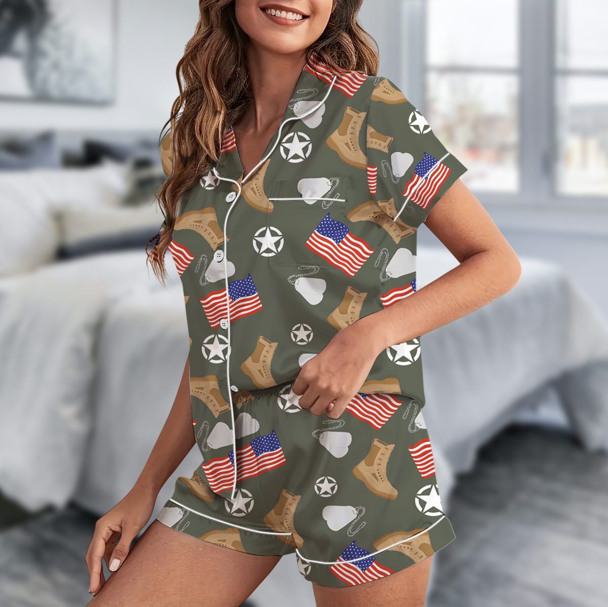 Army Star Vintage Military Pajamas Set Short, Army Aesthetic Graphic Tee Gift for Soldier Patriotic Shirt Veterans Day Gift Tee - Image 4