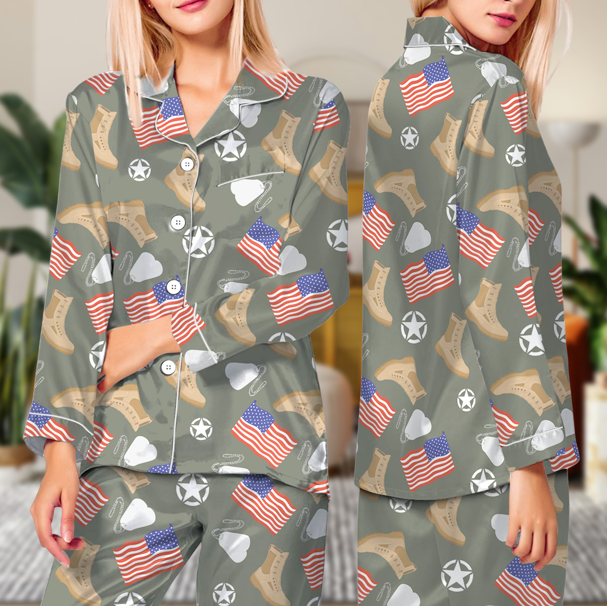 Army Star Vintage Military Pajamas Set Long, Army Aesthetic Graphic Tee Gift for Soldier Patriotic Shirt Veterans Day Gift Tee - Image 3
