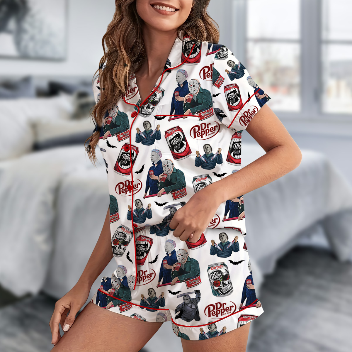 Drink Dr Pepper Set Short, Good for Halloween Pajamas Set, Scary Movie Shirt, Funny Halloween Shirt - Image 4