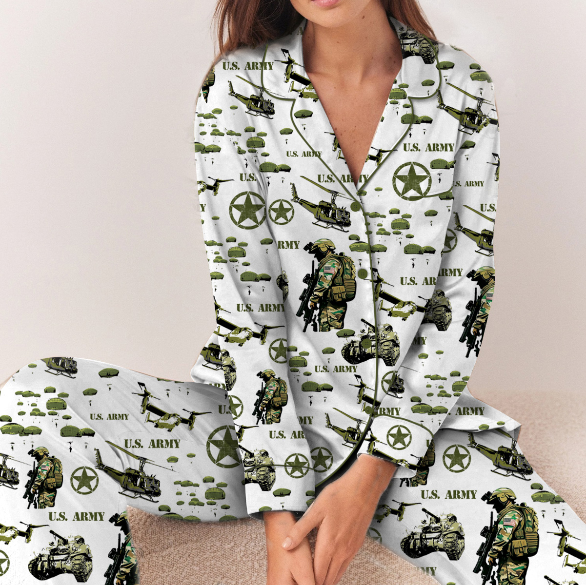 Vintage USA Army Military Green Camouflage Pajamas Set Long, Unisex Army Camo Apparel, Military Veteran Gift - Image 3
