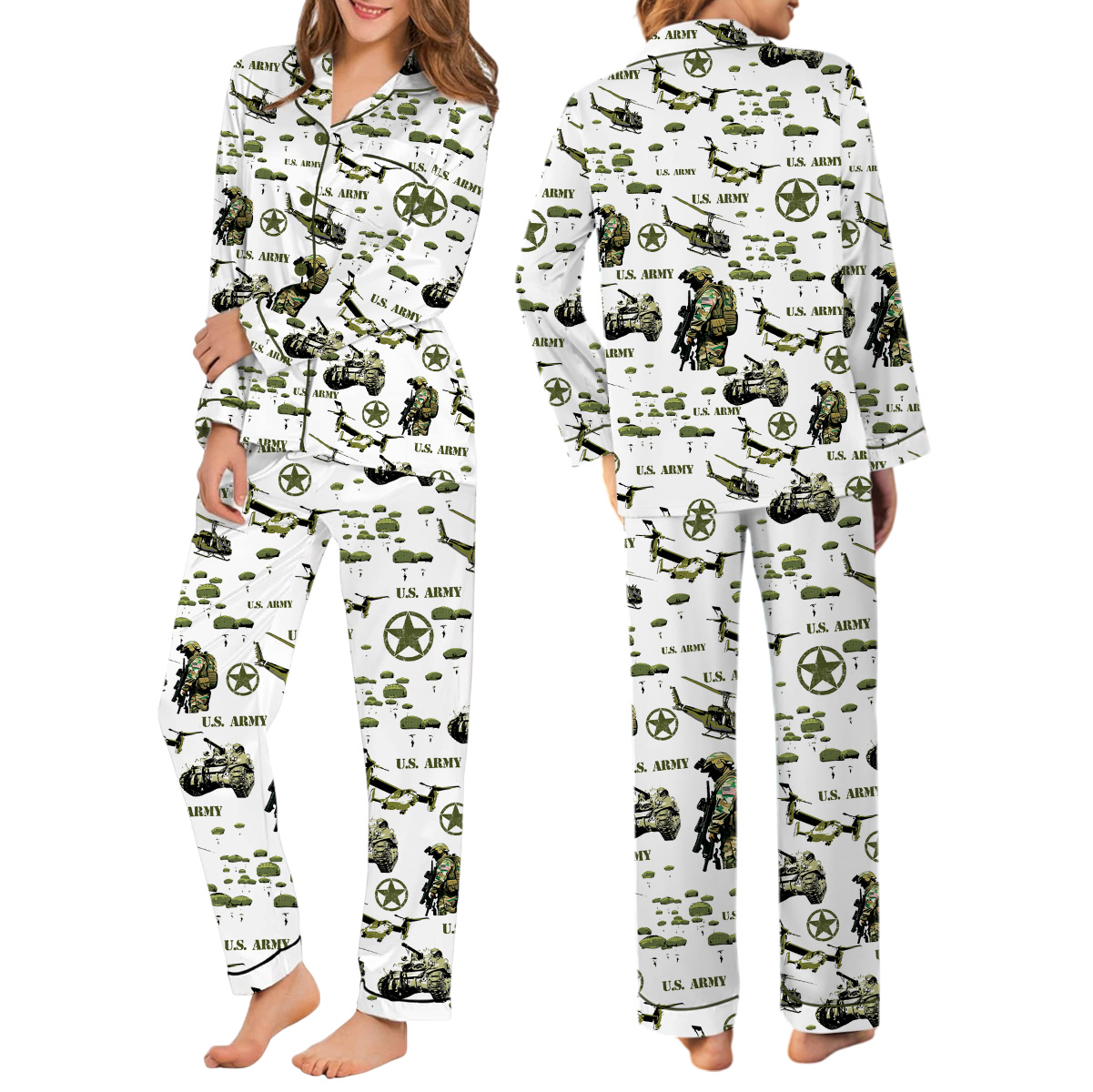 Vintage USA Army Military Green Camouflage Pajamas Set Long, Unisex Army Camo Apparel, Military Veteran Gift - Image 2