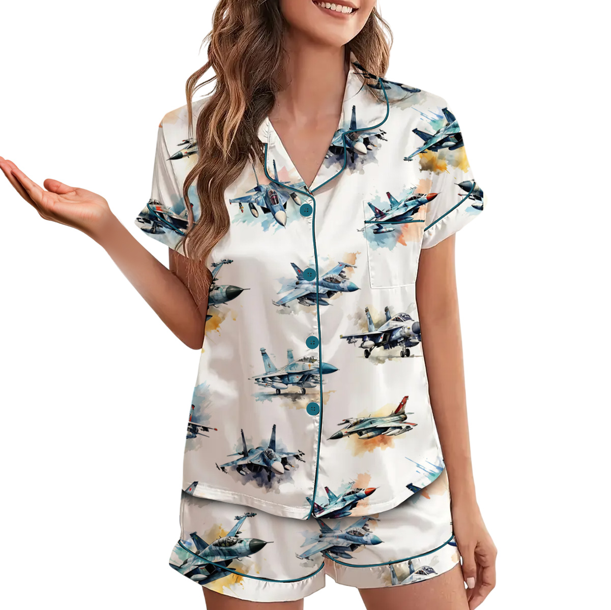 Aircraft Fighter Jets Pajamas Set Short, Military Airplane Pajamas