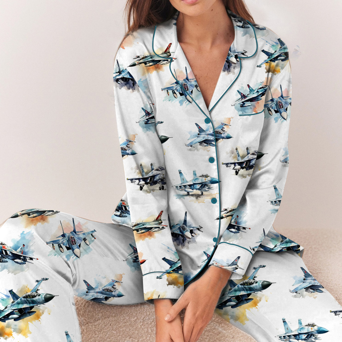 Aircraft Fighter Jets Pajamas Set Long, Military Airplane Pajamas - Image 3