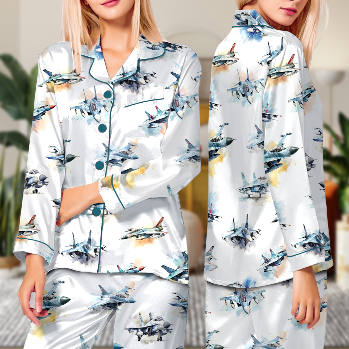 Aircraft Fighter Jets Pajamas Set Long, Military Airplane Pajamas