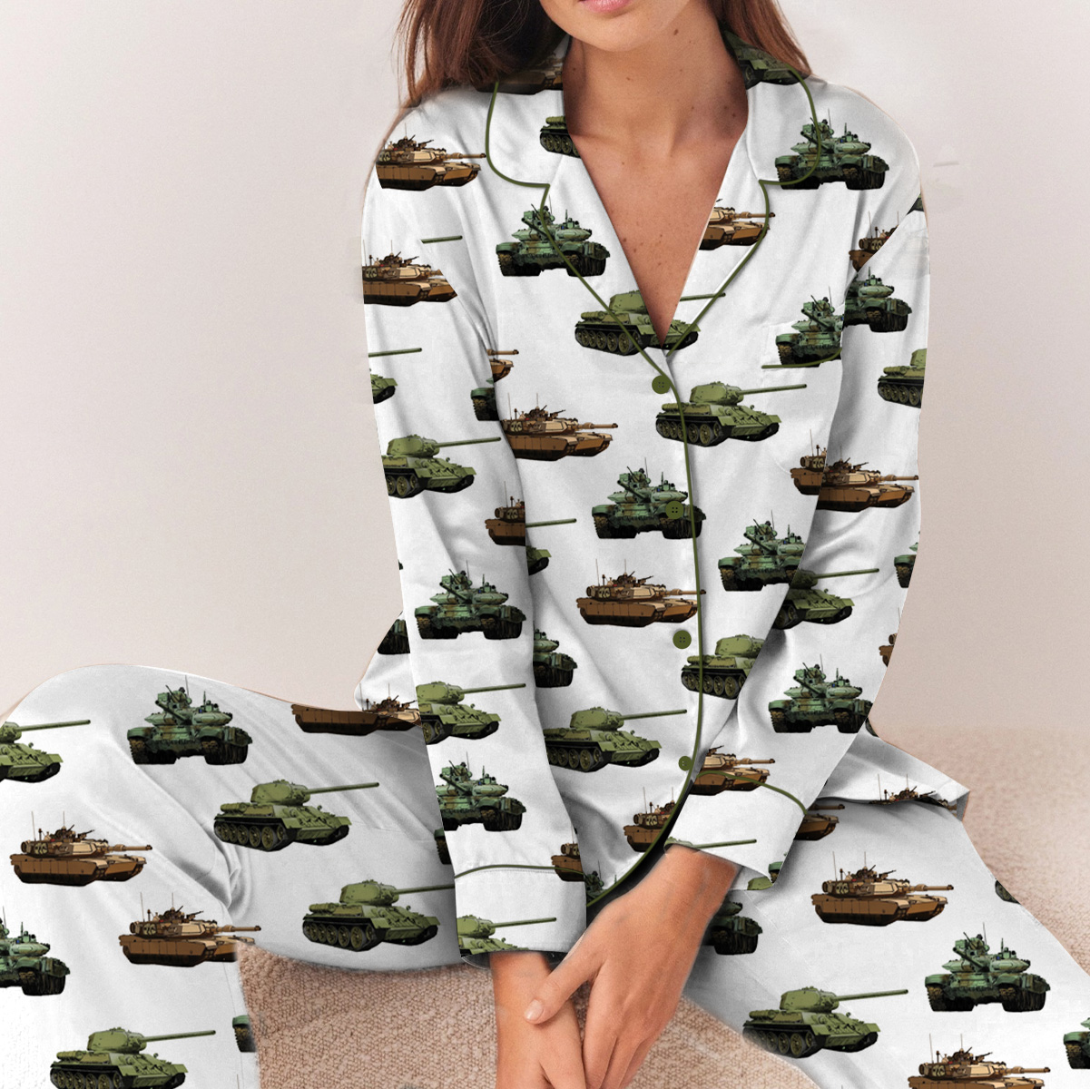Sherman Tank WW2 T-Shirt for Military Fans, Funny Army Pajamas Set Long - Image 3