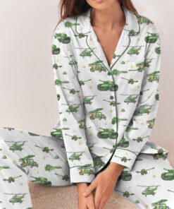 United States Veteran Pajamas Set Long, Tanks & Helicopter Graphic, Patriotic Military Tee