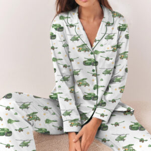 United States Veteran Pajamas Set Long, Tanks & Helicopter Graphic, Patriotic Military Tee