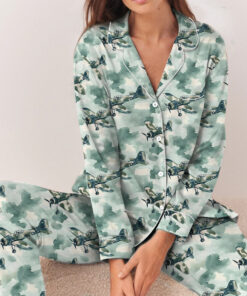 WWII US Fighter Jet Aircraft World War II Vintage Airplanes Pajamas Set Long
