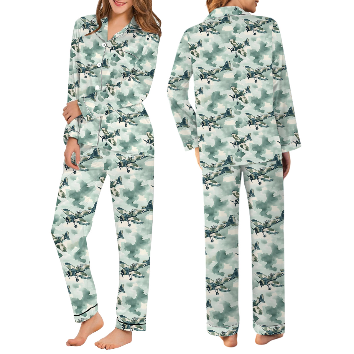 WWII US Fighter Jet Aircraft World War II Vintage Airplanes Pajamas Set Long - Image 2