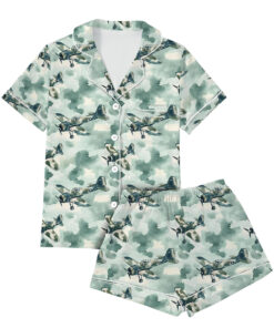 Alternative view of WWII US Fighter Jet Aircraft World War II Vintage Airplanes Pajamas Set Short