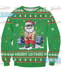 Alternative view of Weightlifting Santa Ugly Sweater, Funny Christmas Shirt, Fitness Merry Liftmas Shirt, Christmas Gym T-shirt