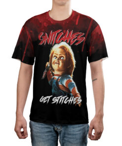 Alternative view of Chucky Arrested Scary Movie T-Shirt 3D, Halloween Snitches Get Stitches Tee