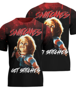 Chucky Arrested Scary Movie T-Shirt 3D, Halloween Snitches Get Stitches Tee
