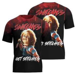 Chucky Arrested Scary Movie T-Shirt 3D, Halloween Snitches Get Stitches Tee