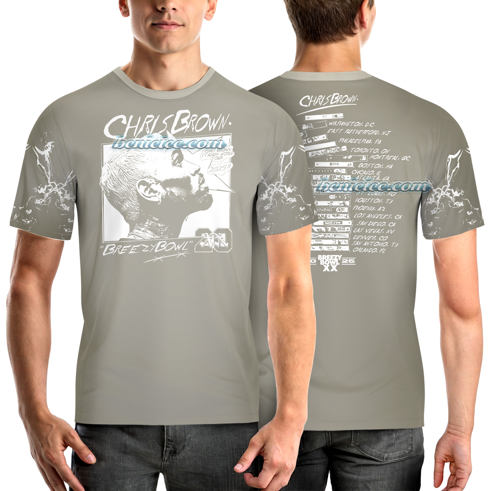 Rapper Chris Brown Breezy Bowl XX Tour 11:11 Vintage Washed Shirt 3D - Image 2