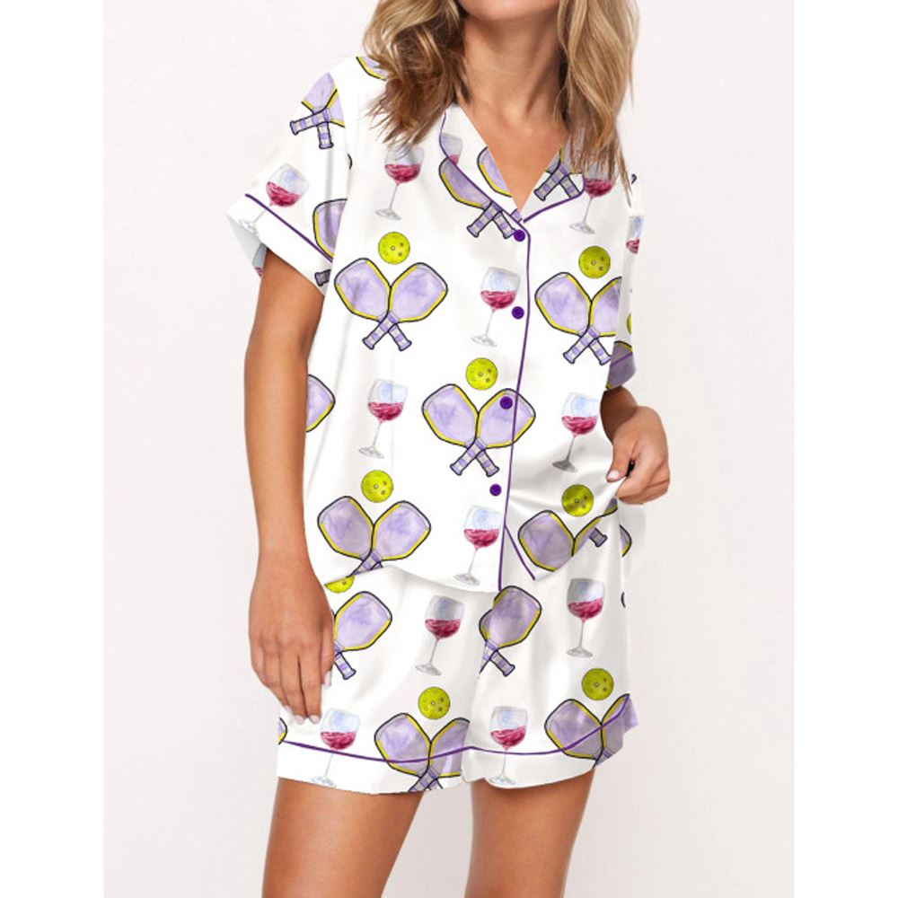 Pickleball Wine Satin Pajama Set For Women