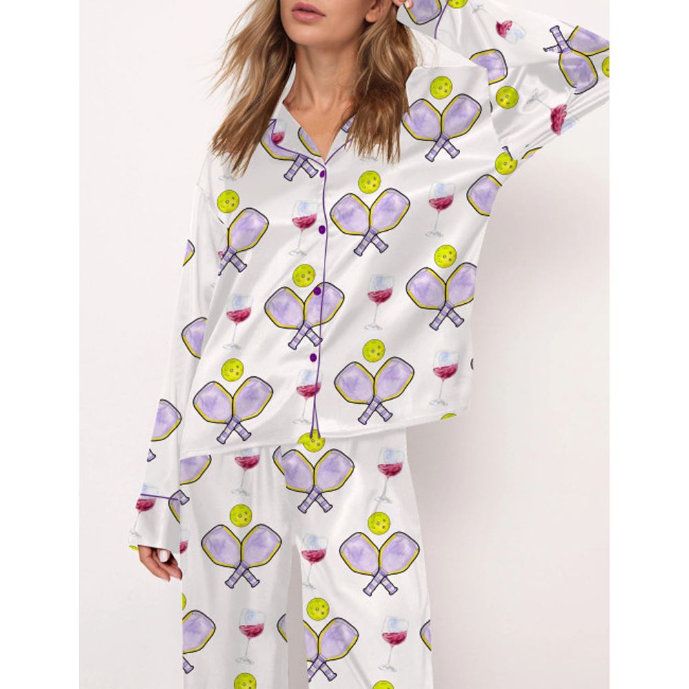 Pickleball Wine Satin Pajama Set For Women - Image 3