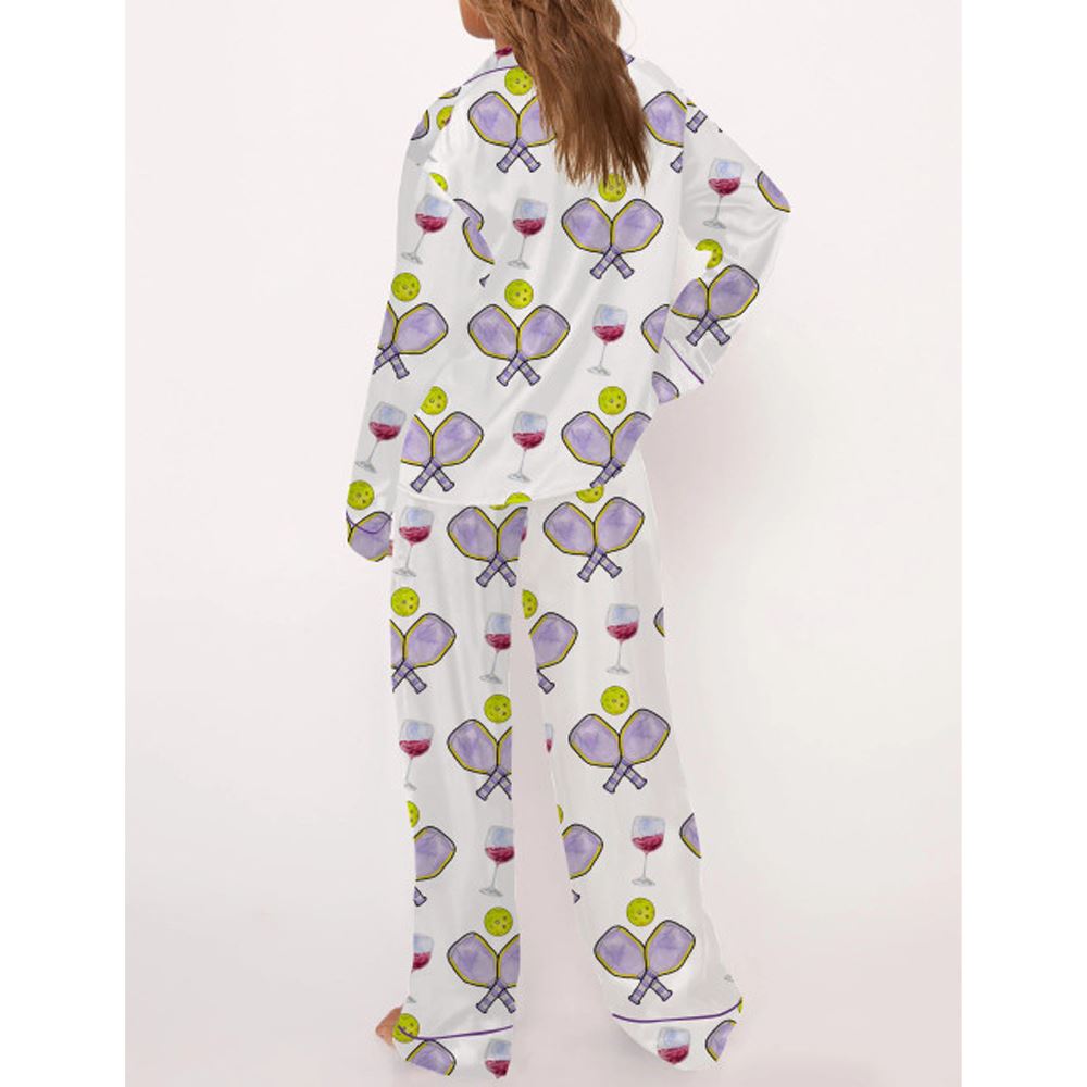 Pickleball Wine Satin Pajama Set For Women - Image 4
