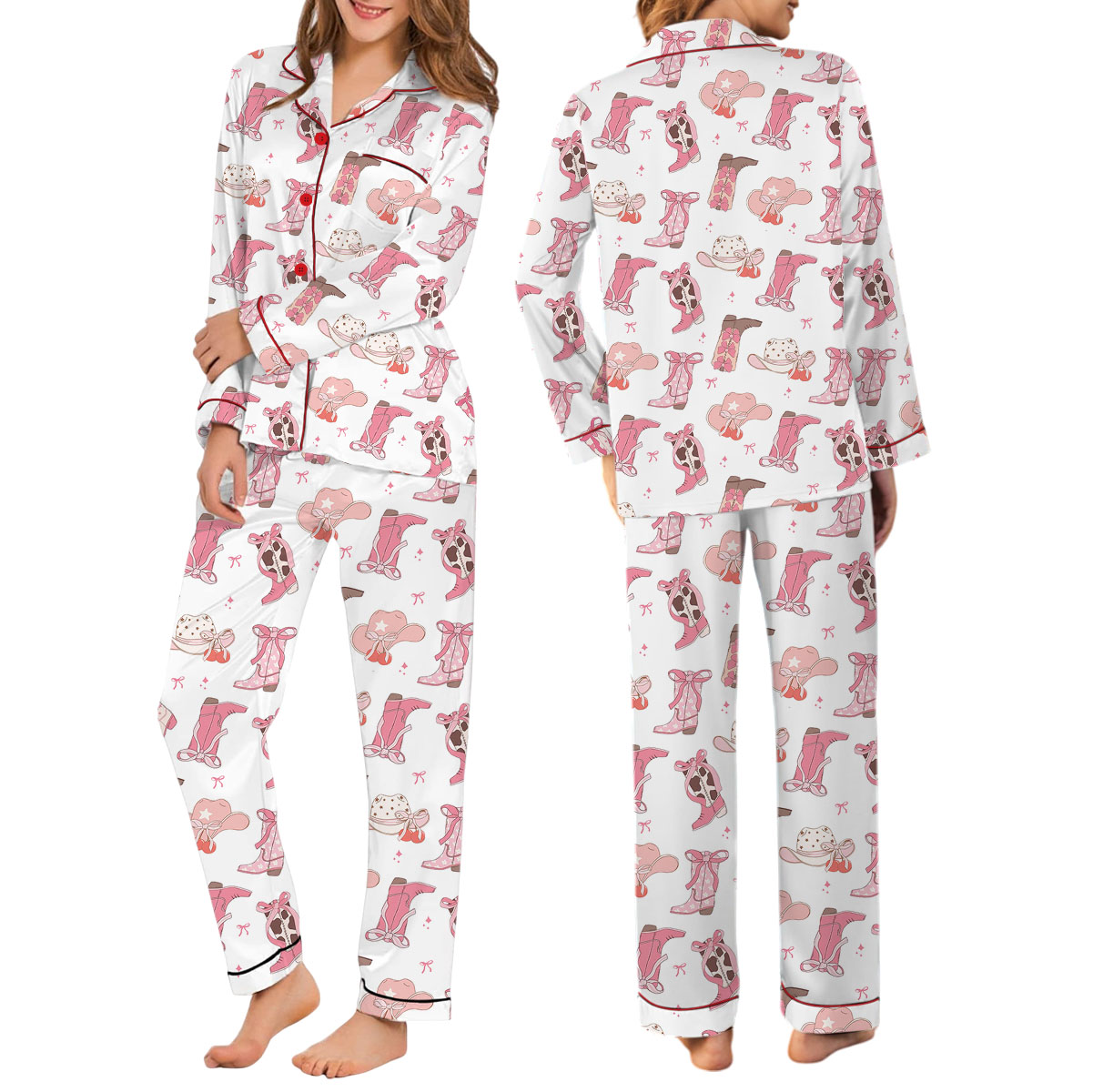 Pink Boots With Bows Satin Pajamas Set For Women - Image 7