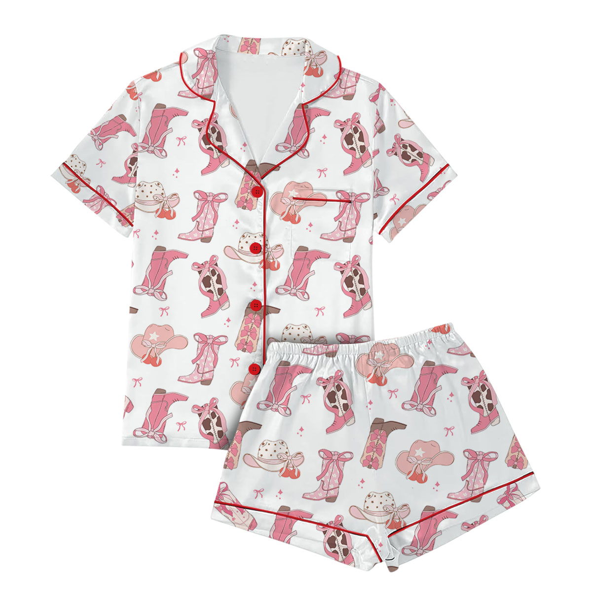 Pink Boots With Bows Satin Pajamas Set For Women - Image 3