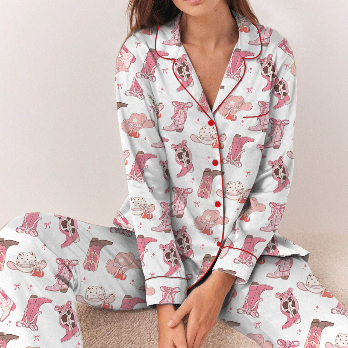 Pink Boots With Bows Satin Pajamas Set For Women - Image 6