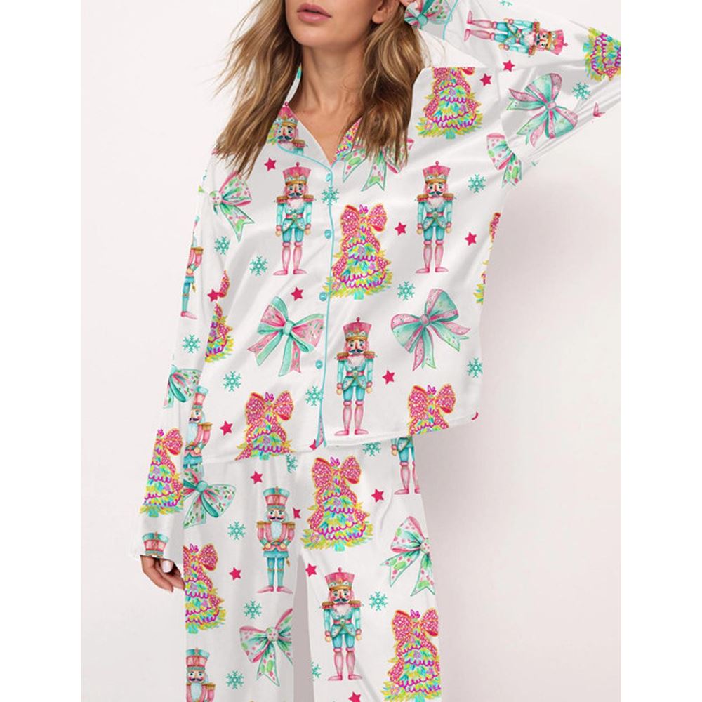 Preppy Nutcracker Christmas Satin Pajama Set For Women - Image 2