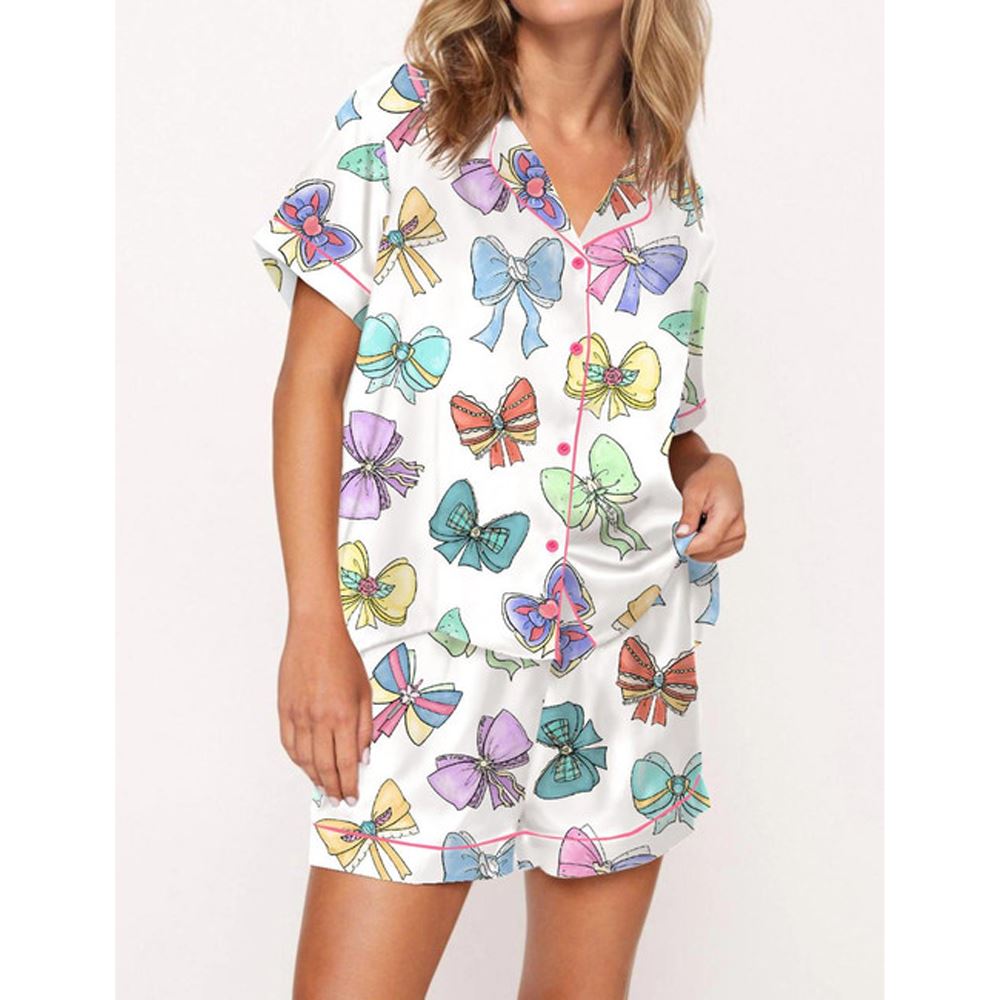 Princess Cute Ribbons And Bows Satin Pajama Set For Women