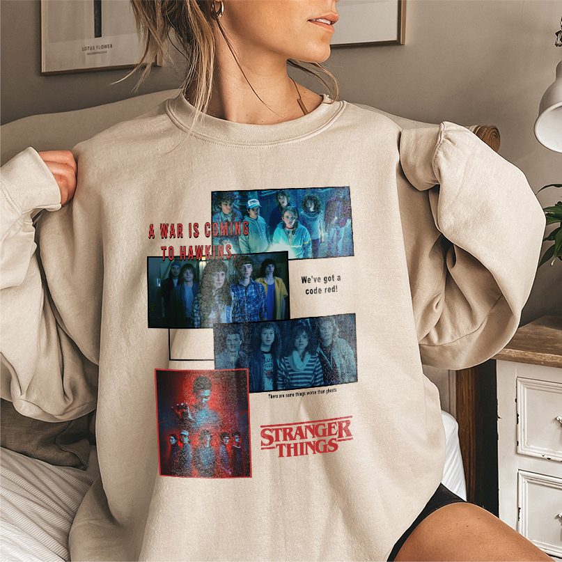 Stranger Thing Chibi Characters Shirt, Eleven Dustin Mike Will Billy Eddie, Hawkins Sweater, Stranger Things Sweatshirt, Stranger Things Upside Down, Running Up Crewneck, Friends Sweater - Image 3
