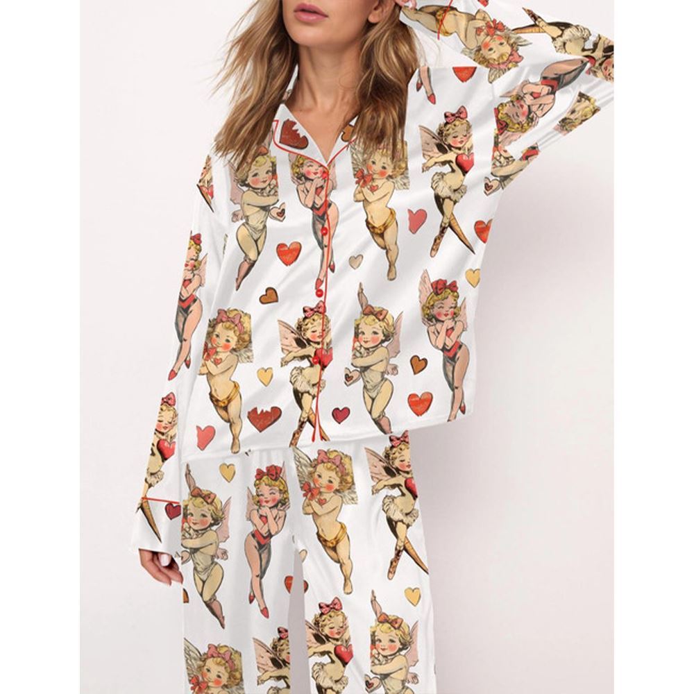 Retro Cupid Coquette Bow Satin Pajama Set For Women - Image 4