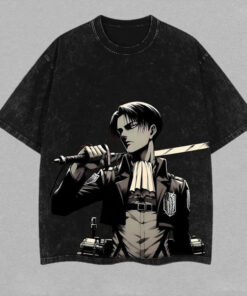 Retro Heavy Limited Levi Ackerman x Attack On Titan Anime Double Printed Vintage Washed Tee Unisex Oversize Anime Manga Washed Heavyweight Cotton T-shirt , Gift For Anime Fan Levi V2