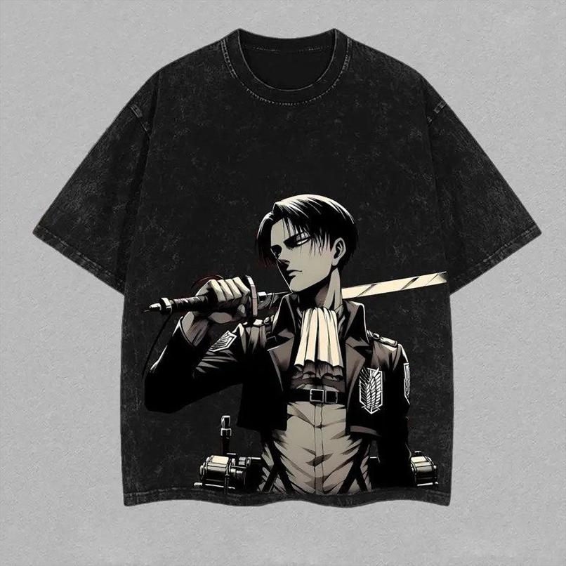 Retro Heavy Limited Levi Ackerman x Attack On Titan Anime Double Printed Vintage Washed Tee Unisex Oversize Anime Manga Washed Heavyweight Cotton T-shirt , Gift For Anime Fan Levi V2