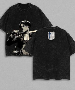 Retro Heavy Limited Levi Ackerman x Attack On Titan Anime Double Printed Vintage Washed Tee Unisex Oversize Anime Manga Washed Heavyweight Cotton T-shirt , Gift For Anime Fan Levi V3