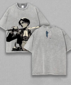 Retro Heavy Limited Levi Ackerman x Attack On Titan Anime Double Printed Vintage Washed Tee Unisex Oversize Anime Manga Washed Heavyweight Cotton T-shirt , Gift For Anime Fan Levi V4