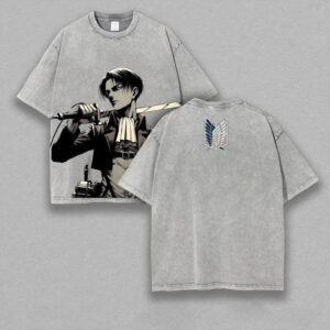 Retro Heavy Limited Levi Ackerman x Attack On Titan Anime Double Printed Vintage Washed Tee Unisex Oversize Anime Manga Washed Heavyweight Cotton T-shirt , Gift For Anime Fan Levi V4