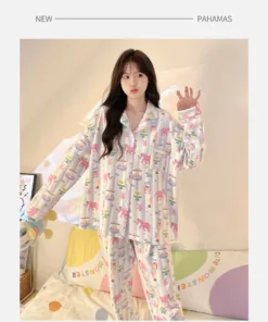 Alternative view of Sleepwear Women's Clothing Suits Autumn Thin New Cardigan Chest Pad Home Soft Simple Cozy Loose Slim Casual Casual Cool Cartoon