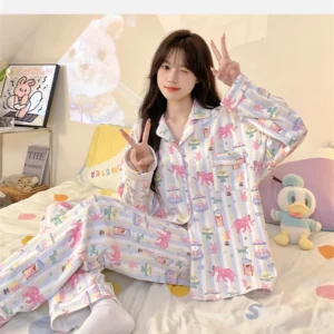 Sleepwear Women's Clothing Suits Autumn Thin New Cardigan Chest Pad Home Soft Simple Cozy Loose Slim Casual Casual Cool Cartoon