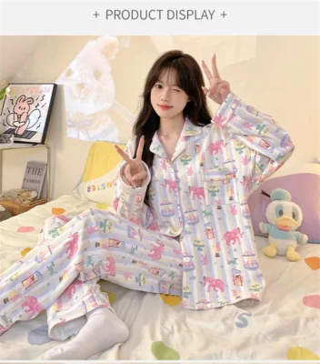 Sleepwear Women's Clothing Suits Autumn Thin New Cardigan Chest Pad Home Soft Simple Cozy Loose Slim Casual Casual Cool Cartoon