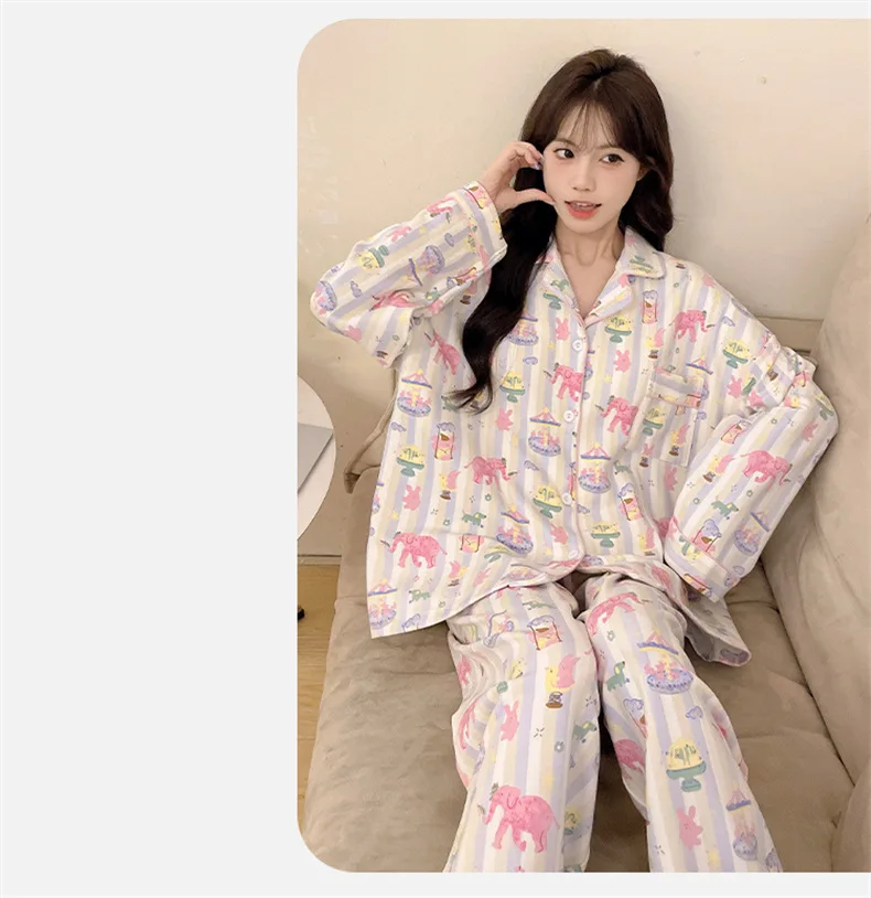 Sleepwear Women's Clothing Suits Autumn Thin New Cardigan Chest Pad Home Soft Simple Cozy Loose Slim Casual Casual Cool Cartoon - Image 4