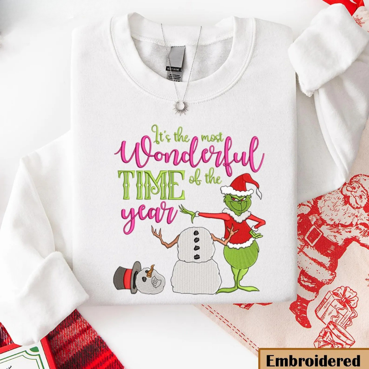 Embroidered Grinch Christmas Sweatshirt, It's The Most Wonderful Time Of The Year Christmas Sweatshirt