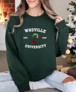 Christmas Whoville University 1957 Embroidered Sweatshirt, Festive Embroidery Christmas Crewneck Sweatshirt