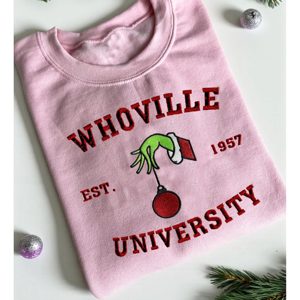 Christmas Whoville University 1957 Embroidered Sweatshirt, Festive Embroidery Christmas Crewneck Sweatshirt - Image 3