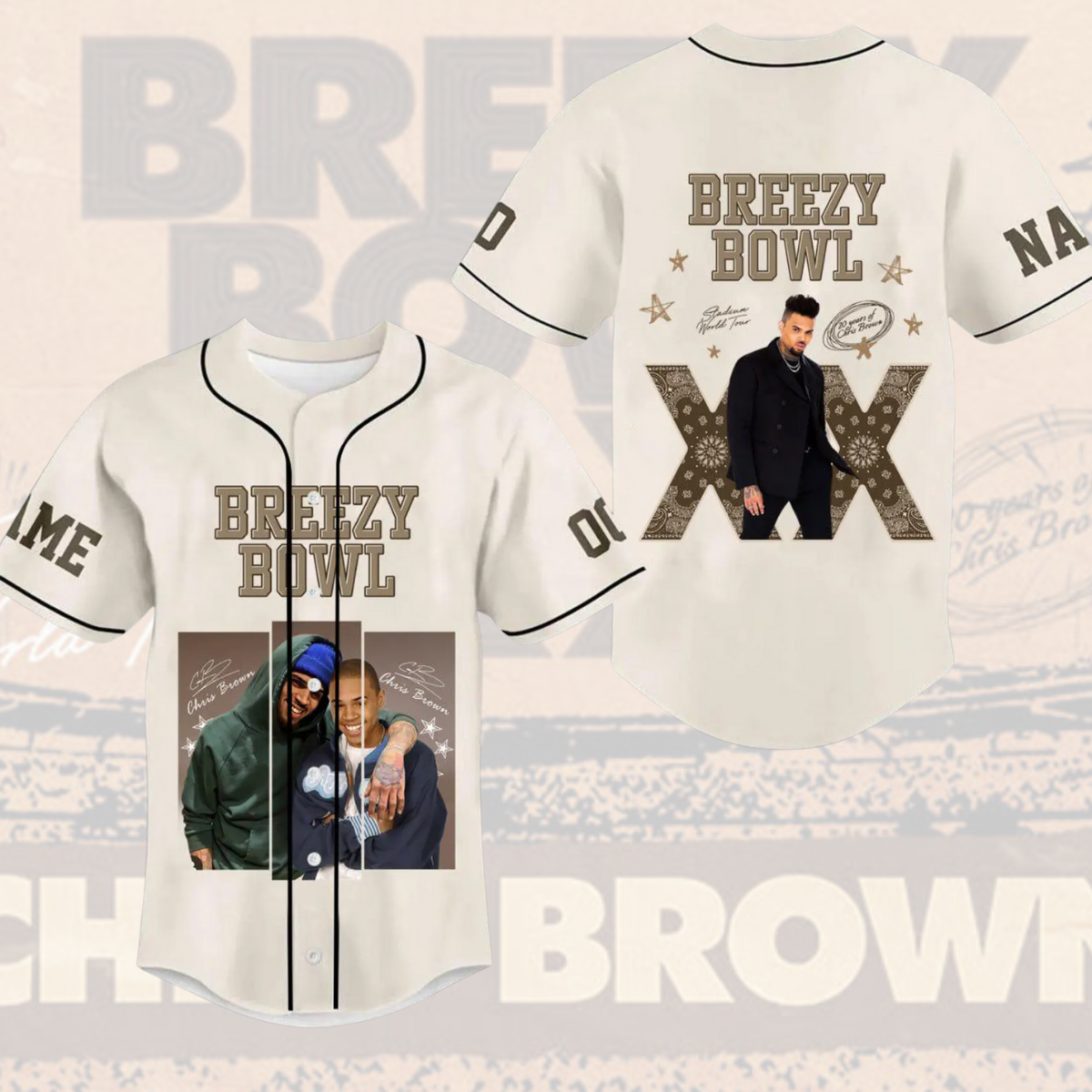 Custom Name And Number Chris Brown Tour Baseball Jersey, Breezy Bowl XX Music Tour 2025 Baseball Jersey - Image 2