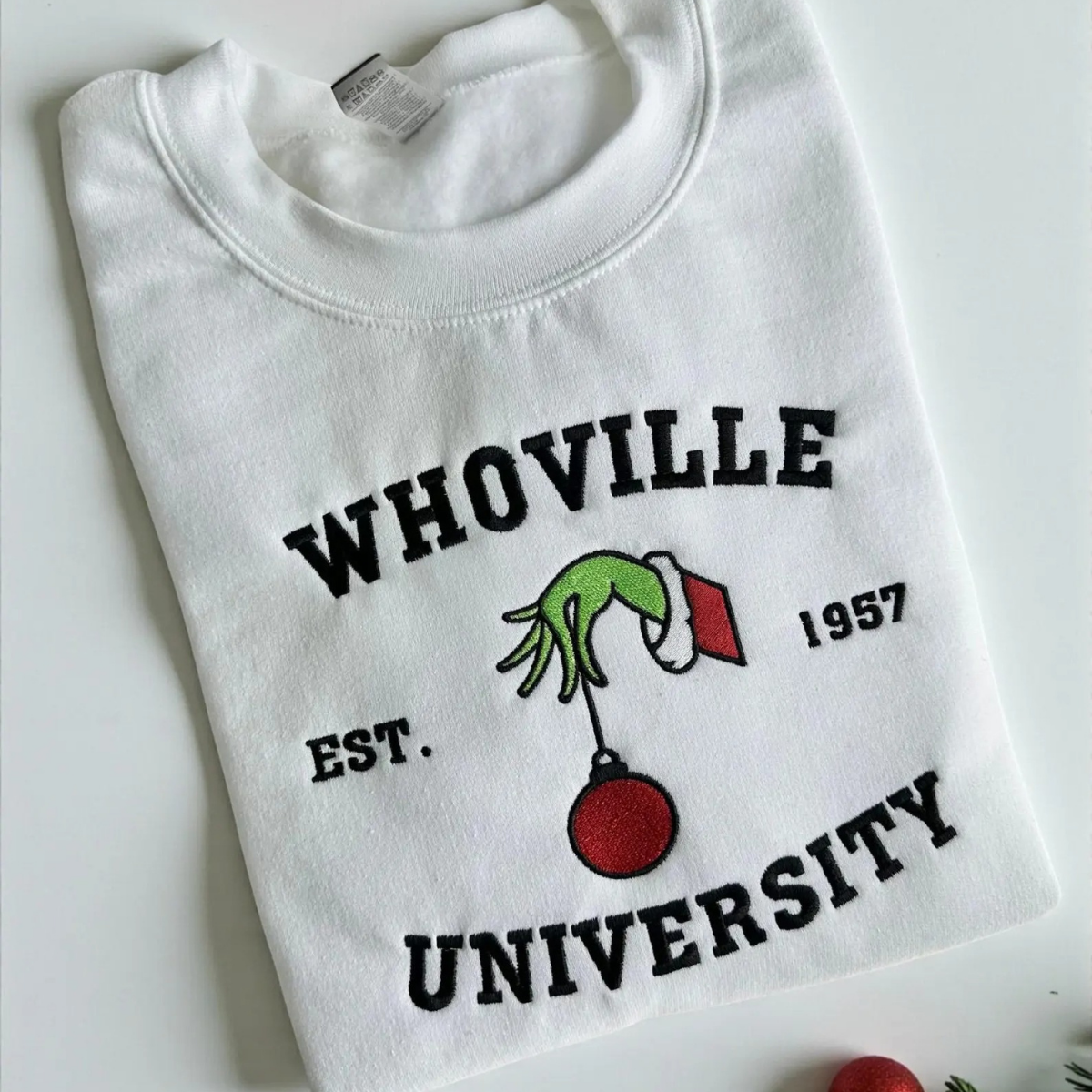 Christmas Whoville University 1957 Embroidered Sweatshirt, Festive Embroidery Christmas Crewneck Sweatshirt - Image 4